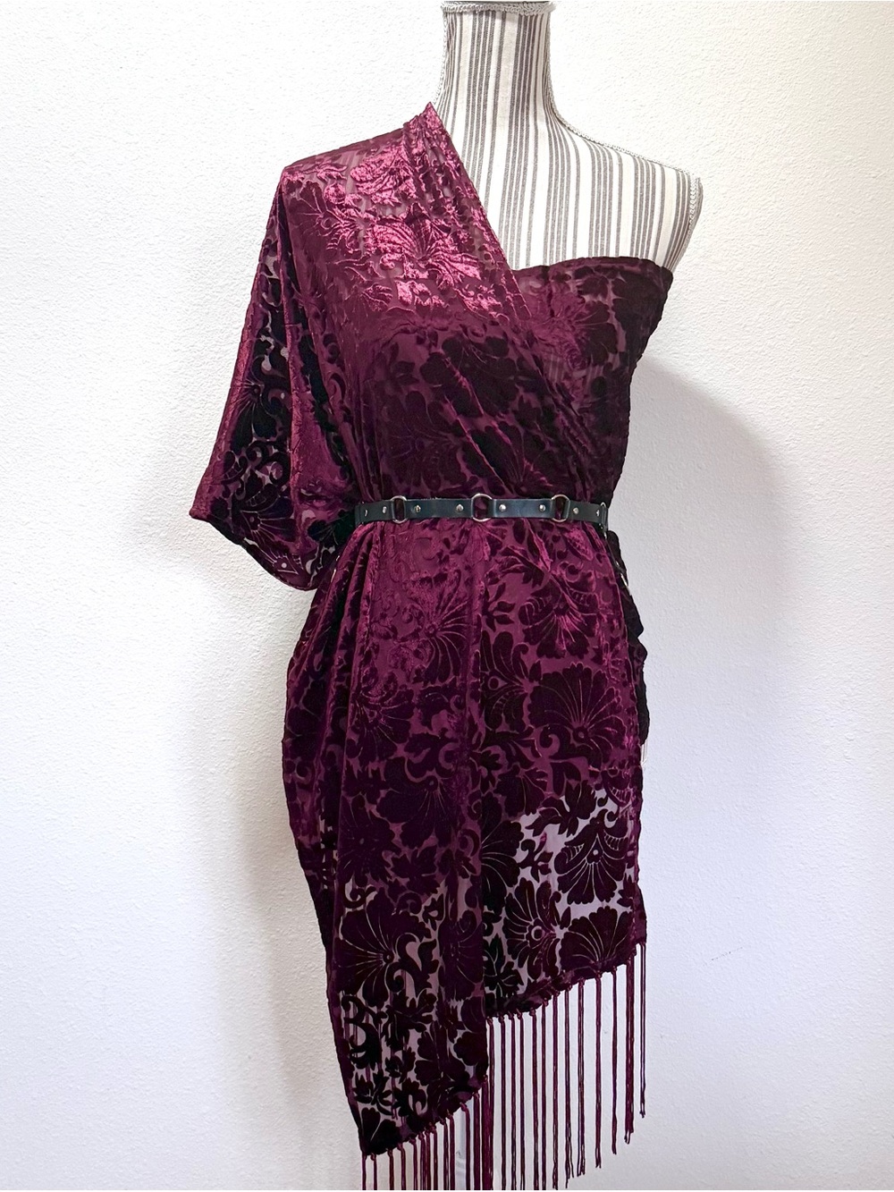 Vintage 90s Burgundy Burnout Velvet Fringe Shawl Scarf Whimsygoth